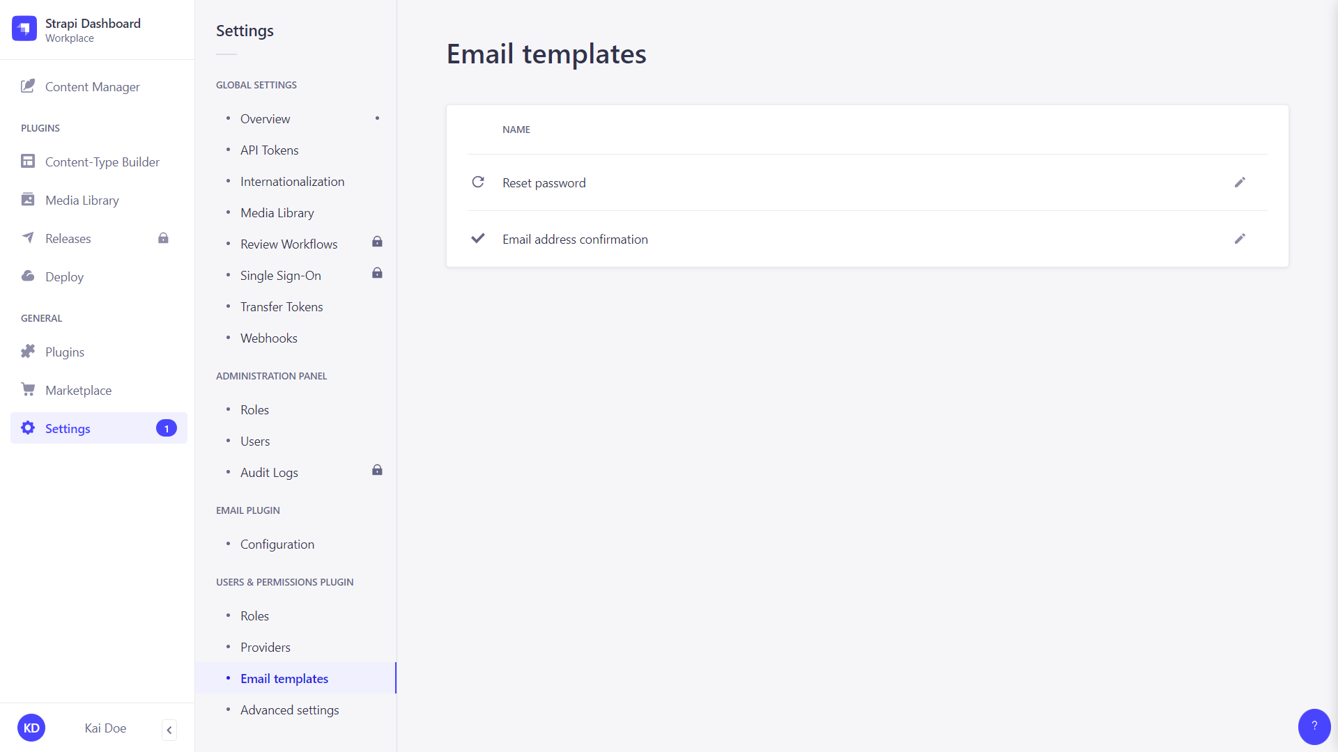 Email templates interface